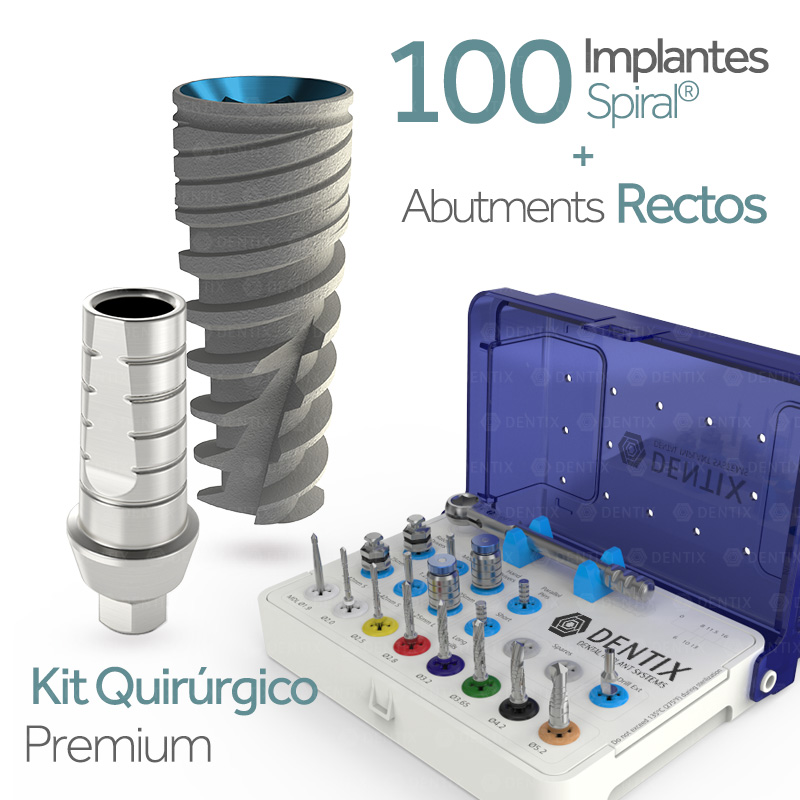 100 SPIRAL® Implantes + 100 Abutment Rectos + Kit Quirúrgico Premium - Hex Interno